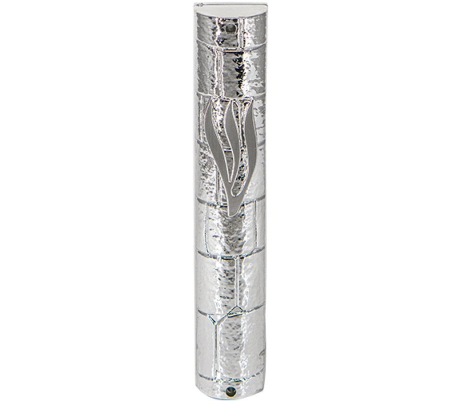 Silver Color Plastic Mezuzah Case with Western Wall Design and Silver Shin