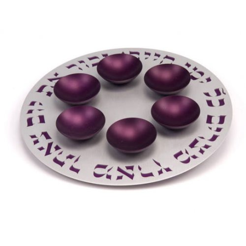 Silver Color Seder Plate with Purple Cups - Agayof