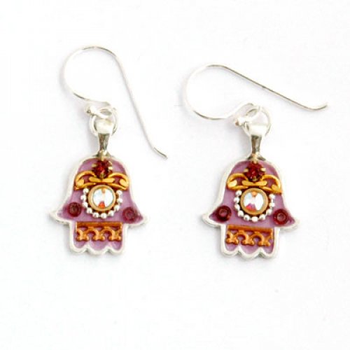 Silver Hamsa Earrings in Purple by Ester Shahaf