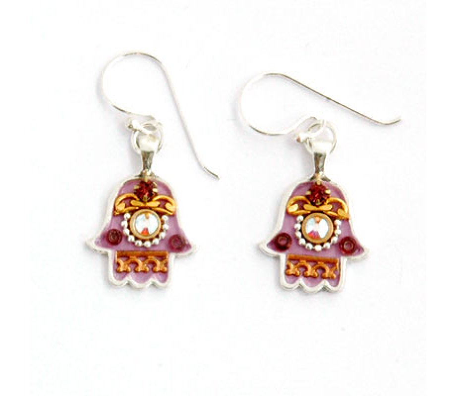 Silver Hamsa Earrings in Purple by Ester Shahaf