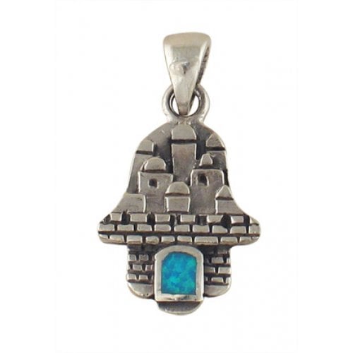 Silver Hamsa Jerusalem Pendant with opal