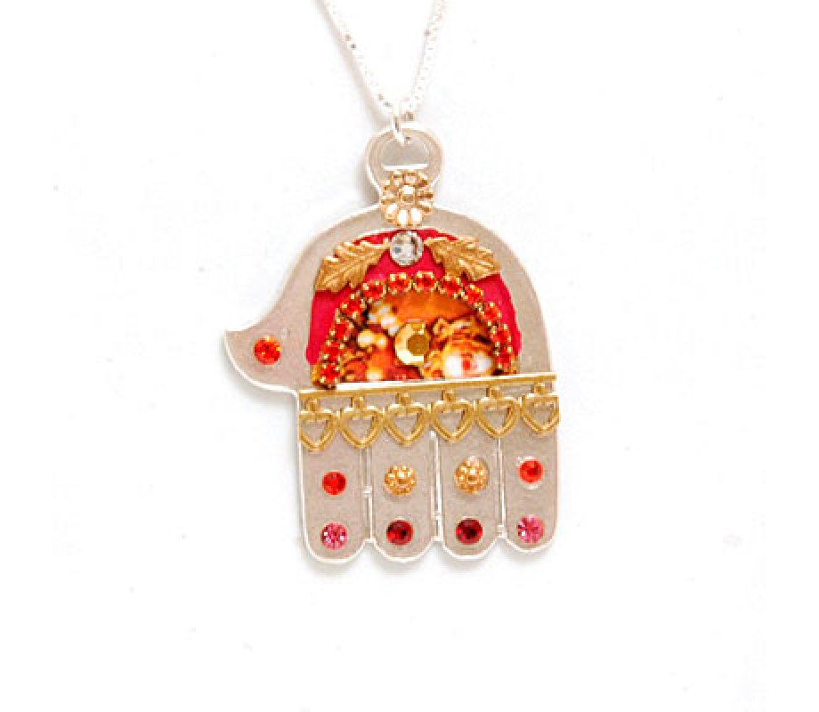 Silver Hamsa Necklace in Red and Orange- Shahaf
