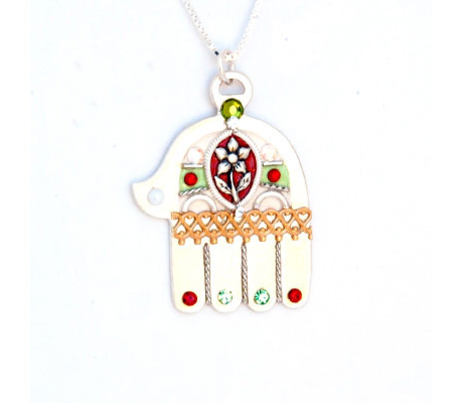 Silver Hamsa Necklace with Flower - Shahaf
