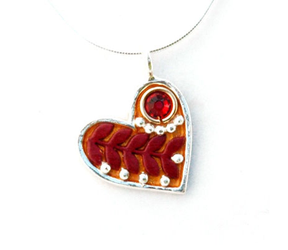 Silver Heart Pendant with Red Leaf Design by Ester Shahaf