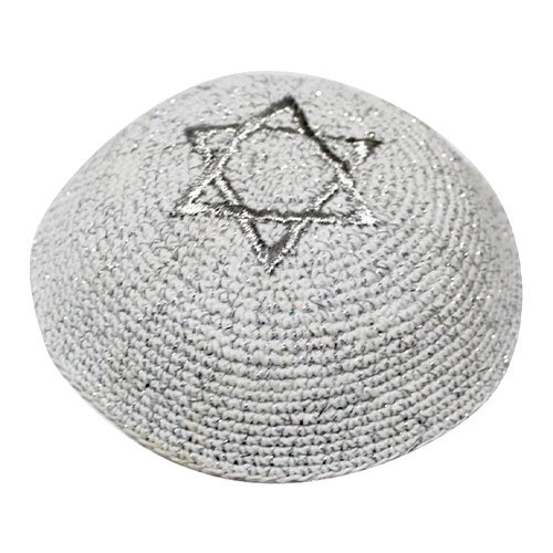 Silver Knitted Kippah with Embroidered Silver Star of David