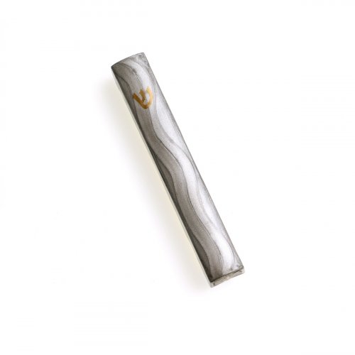 Silver Mezuzah Case with Wave Design, Gold Shin  for 12 cm Scroll