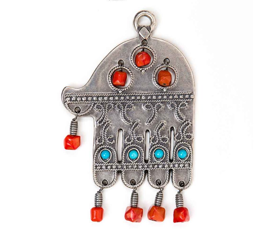 Silver Plated Ancient Wall Hamsa with Colorful Beads - Israel Museum Replica