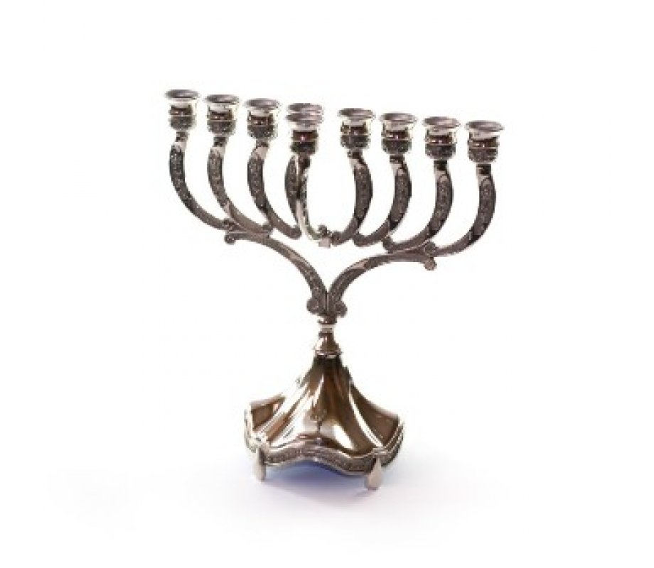 Silver Plated Chanukah Menorah, Classic Design Floral Decoration - 9 Inches