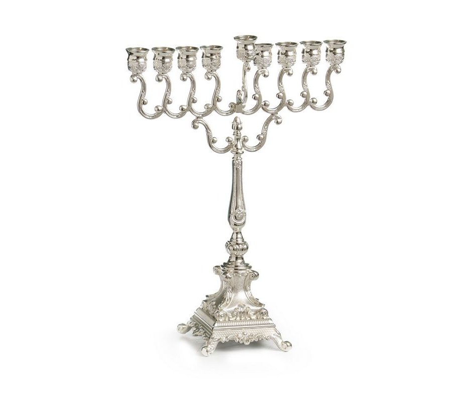 Silver Plated Chanukah Menorah, Swirls and Ornate Square Base - 13.3