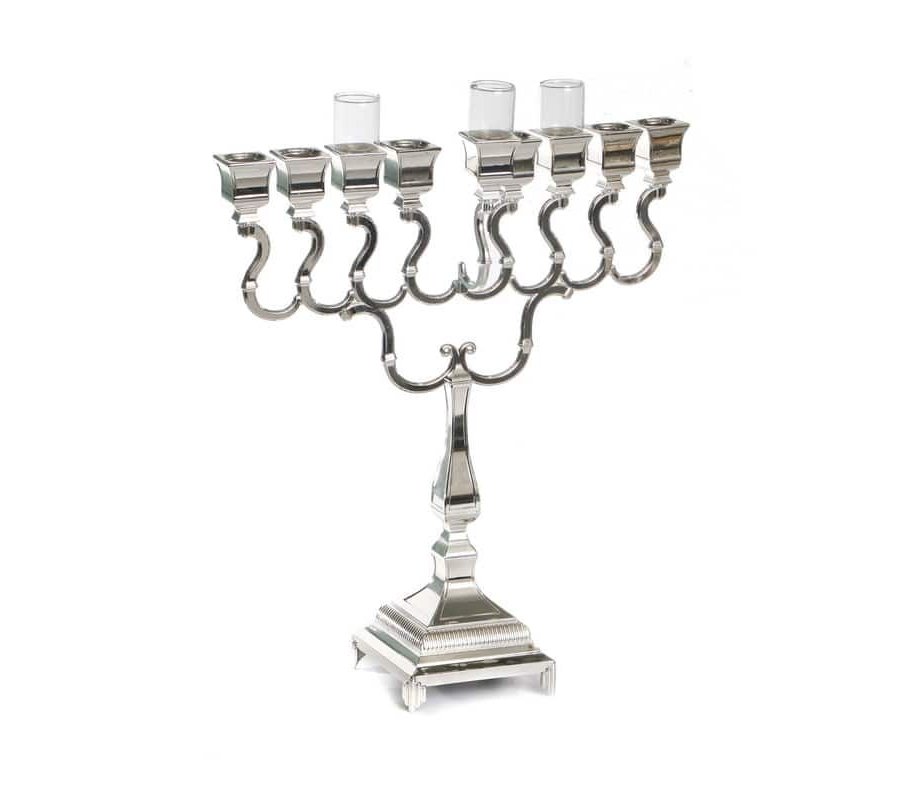Silver Plated Chanukah Menorah, Swirls with Classic Square Design - 14.9 Height