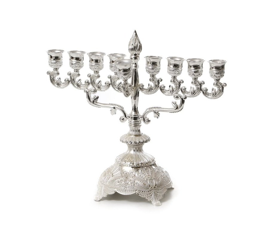 Silver Plated Chanukah Menorah with Filigree Base and Flame Stem