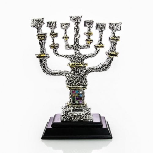 Silver Plated Decorative 7 Branch Menorah with Gold Accents on Wood Base - Not for Lighting