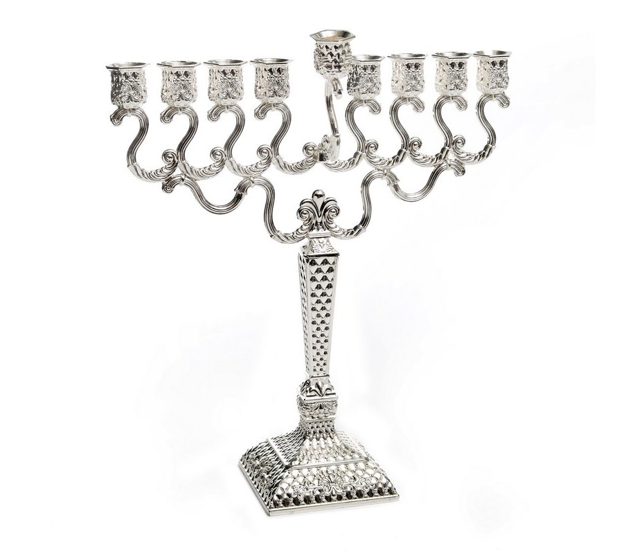 Silver Plated Diamond Design Chanukah Menorah with Ornate Base