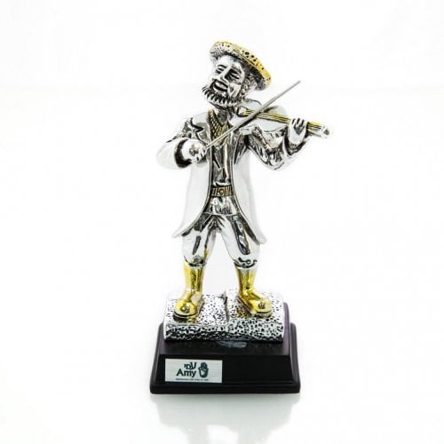 Silver Plated Figurine with Gold Accents on Wood Base - Chassidic Fiddler