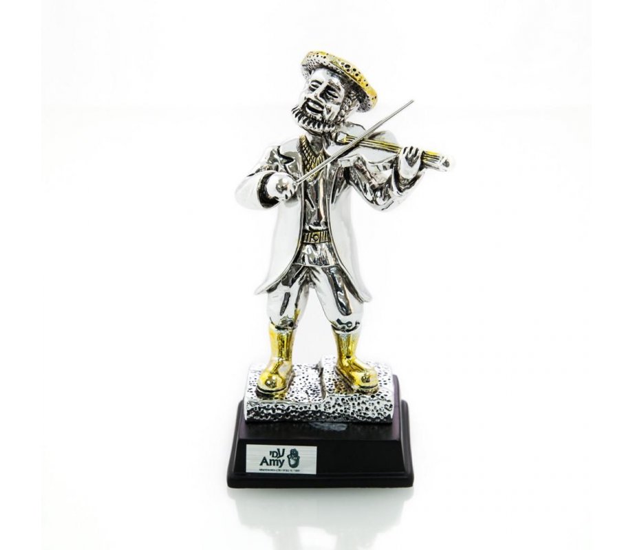 Silver Plated Figurine with Gold Accents on Wood Base - Chassidic Fiddler