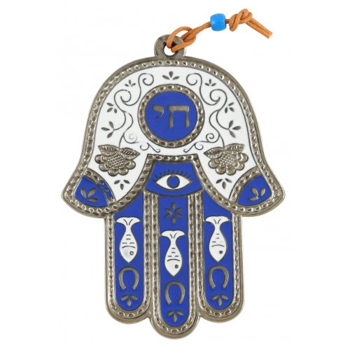 Silver Plated Hamsa Wall Decoration with Chai and Fish Design - Light Blue