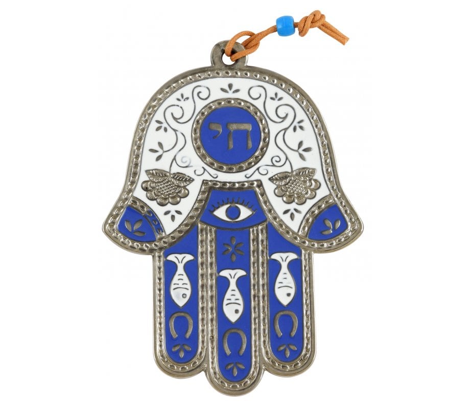 Silver Plated Hamsa Wall Decoration with Chai and Fish Design - Light Blue