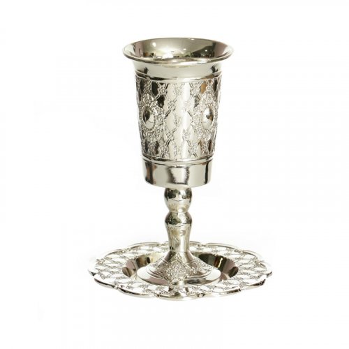 Silver Plated Kiddush Cup on Stem with Saucer  Vintage Floral Design