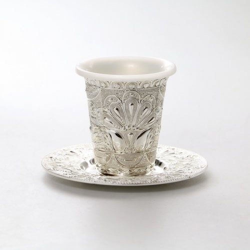 Silver Plated Kiddush Cup with Plastic Insert and Plate - Filigree Peacock Design