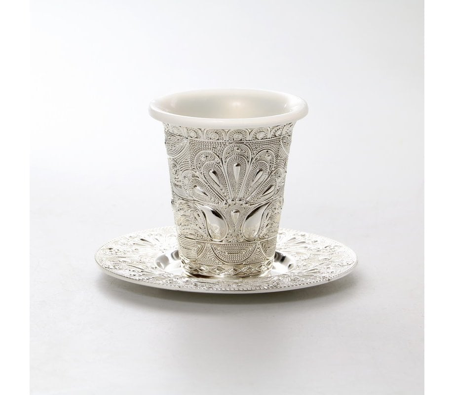 Silver Plated Kiddush Cup with Plastic Insert and Plate - Filigree Peacock Design