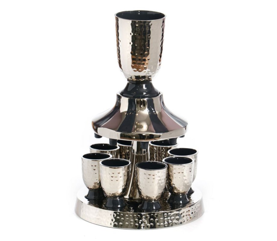 Silver Plated Kiddush Fountain, Eight Small Cups Hammered With Black