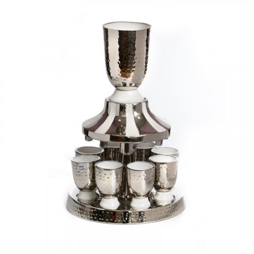 Silver Plated Kiddush Fountain, Eight Small Cups - Hammered with White Color