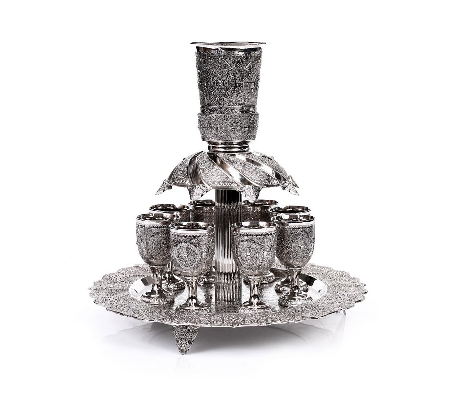 Silver Plated Kiddush Fountain with 8 Small Cups - Filigree Design