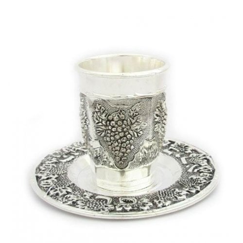 Silver Plated Kiddush cup - Grapes Design with tray