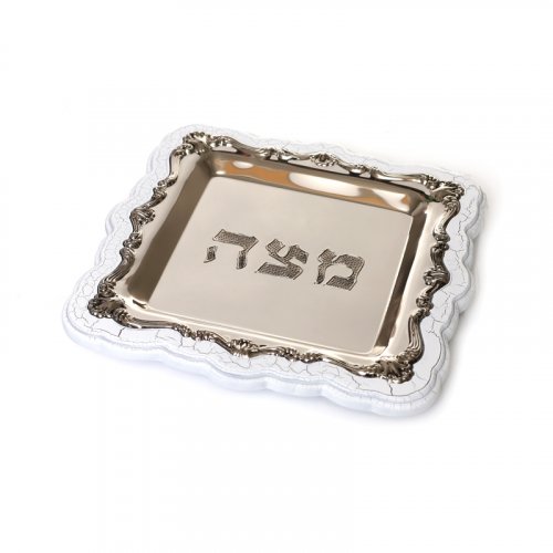 Silver Plated Matzah Tray on White Crazed Wood Base