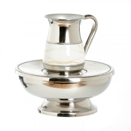 Silver Plated Mayim Achronim Jug and Bowl with Lid - White and Gold Enamel Band