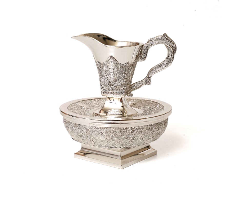 Silver Plated Mayim Achronim Two Piece Wash Cup and Base - Filigree design