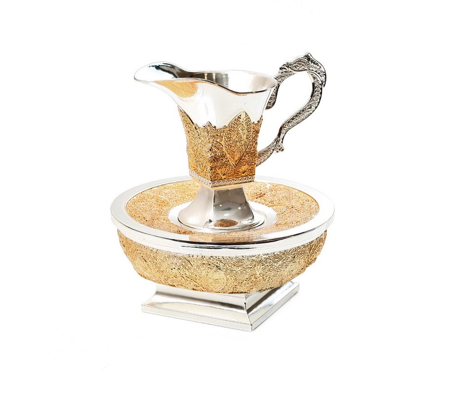 Silver Plated Mayim Achronim Two Piece Wash Cup and Base - ?Gold Filigree design