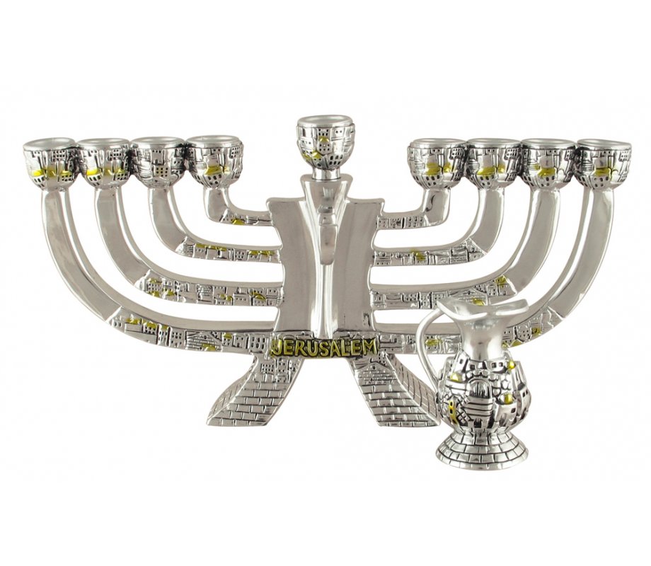 Silver Plated Polyresin Chanukah Menorah with Gold Elements - Jerusalem and Jug