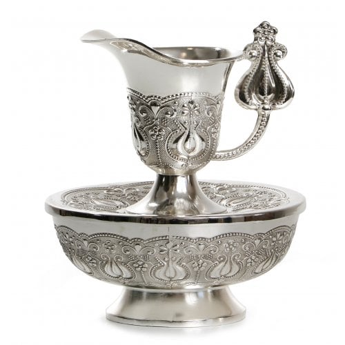 Silver Plated Pomegranate Mayim Achronim with Basin - Pomegranate Filigree Design