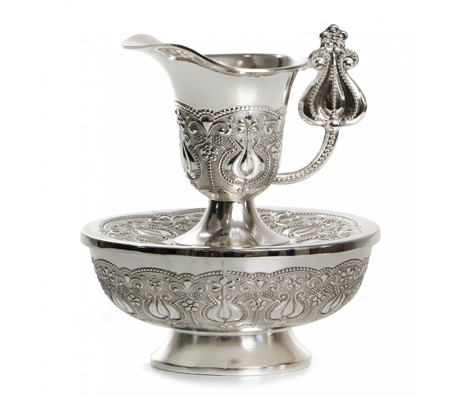 Silver Plated Pomegranate Mayim Achronim with Basin - Pomegranate Filigree Design