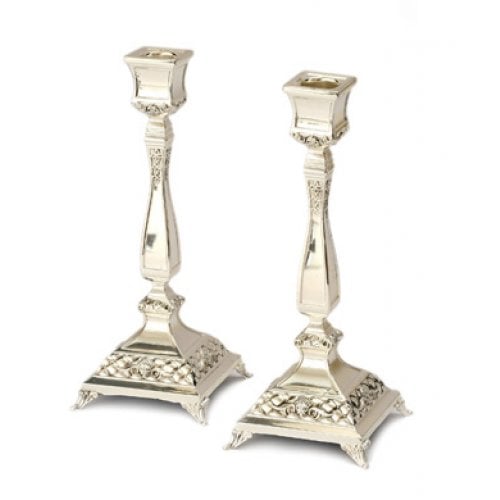 Silver Plated Raised Candlesticks, Engraved Class Design - 7.2 Inches Height