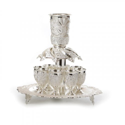 Silver Plated Raised Kiddush Fountain, 8 Small Stem Cups - Decorative Filigree