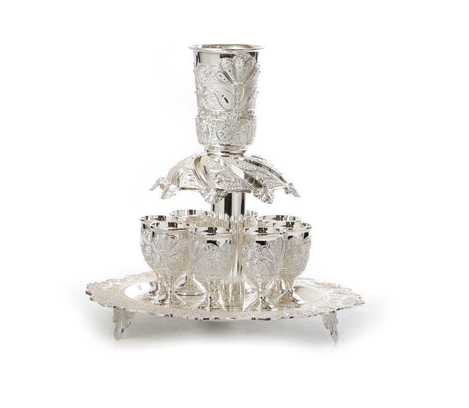 Silver Plated Raised Kiddush Fountain, 8 Small Stem Cups - Decorative Filigree