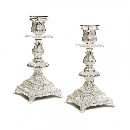 Silver Plated Shabbat Candlesticks, Delicate Filigree Engravings  7.4