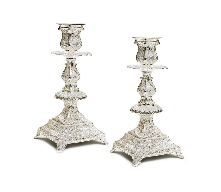 Silver Plated Shabbat Candlesticks, Delicate Filigree Engravings – 7.4