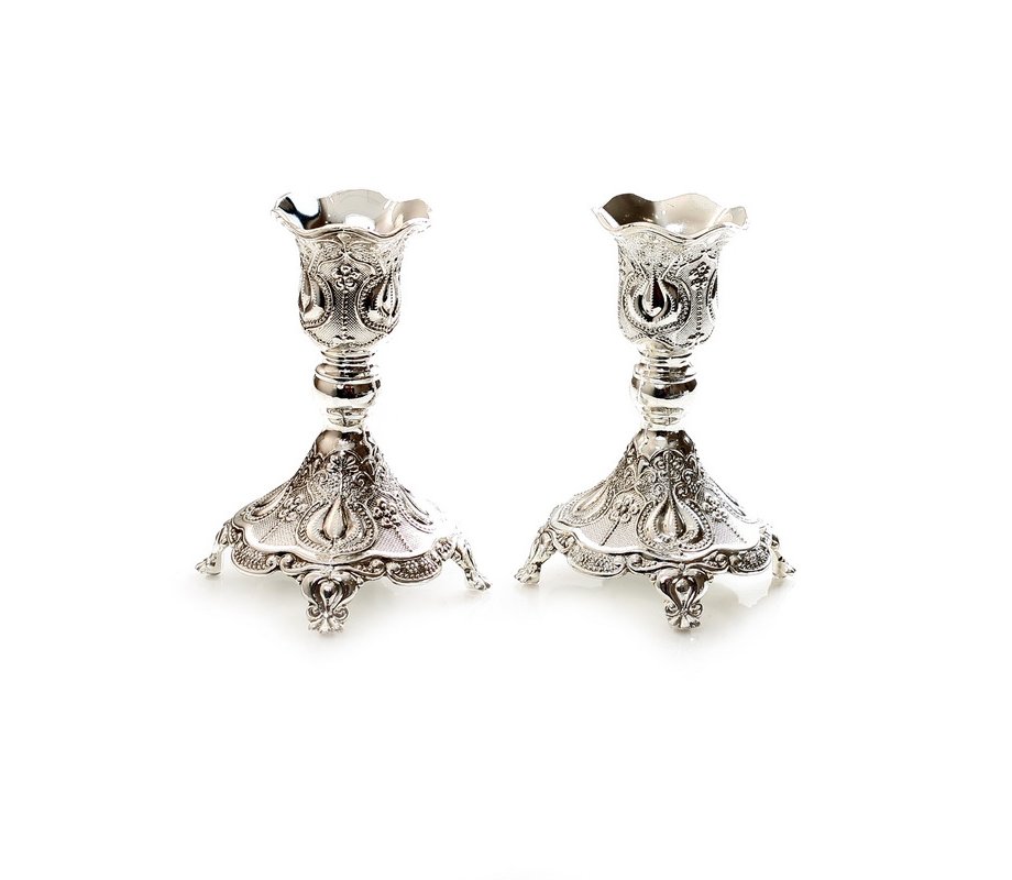 Silver Plated Small Candlesticks with Decorative Ornate Filigree Design