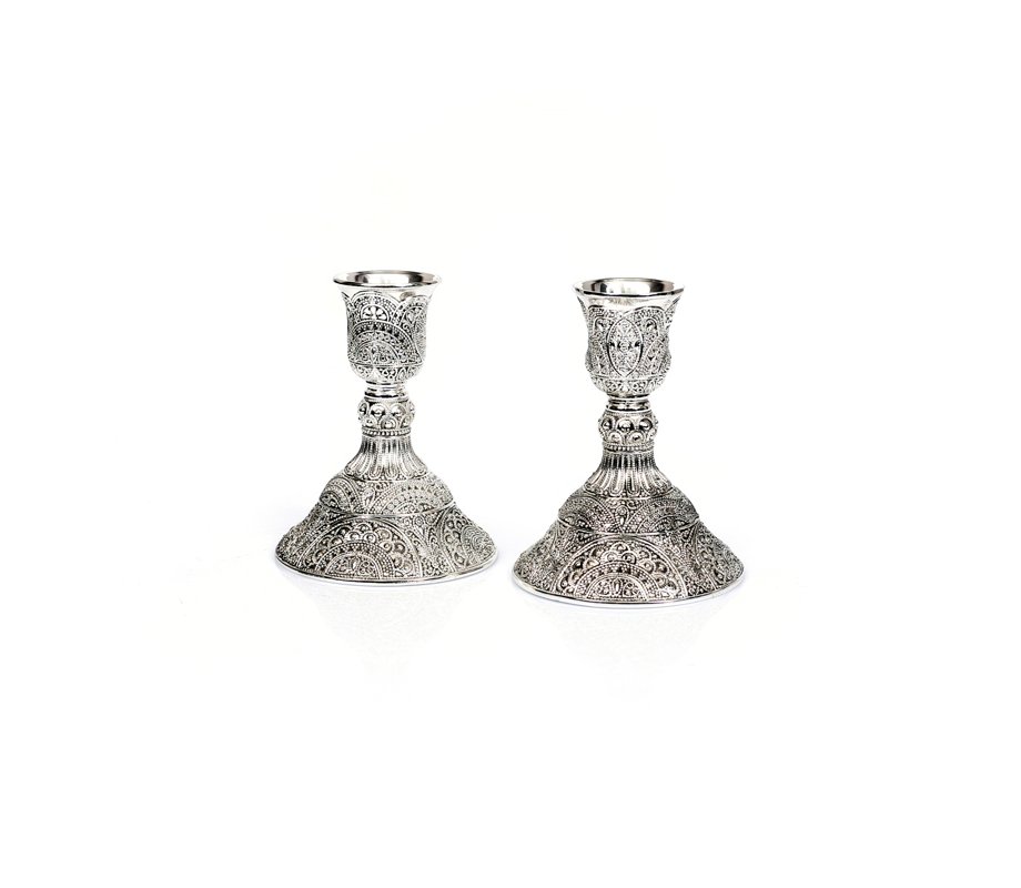 Silver Plated Small Shabbat Candlesticks, Filigree Design - 4 Inches