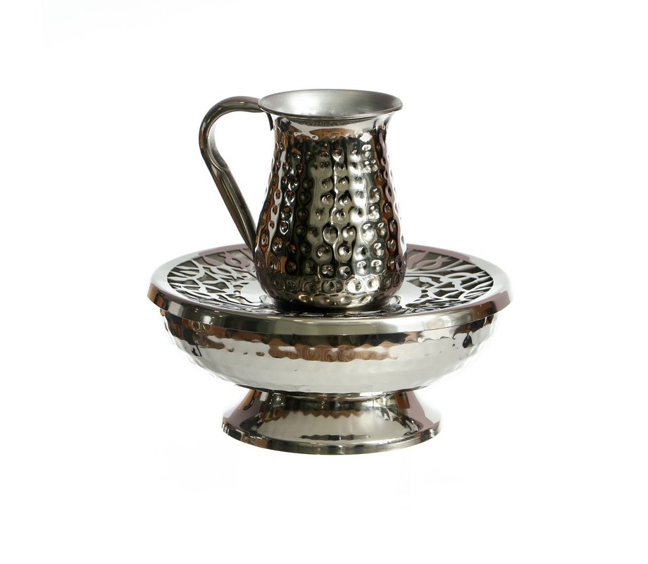Silver Plated Stainless Steel Mayim Achronim Set - Hammered Design