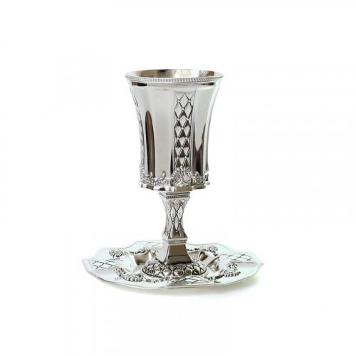 Silver Plated Stem Kiddush Cup - Engraved Diamonds and Flowers