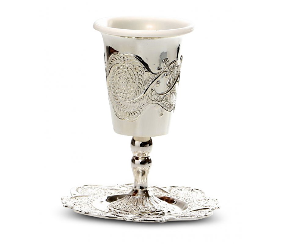 Silver Plated Stem Kiddush Cup with Plastic Insert and Tray - Ornate Design