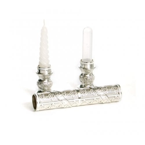 Silver Plated Two-Piece Havdalah Wand, Candle and Spice Holder - Flower Design