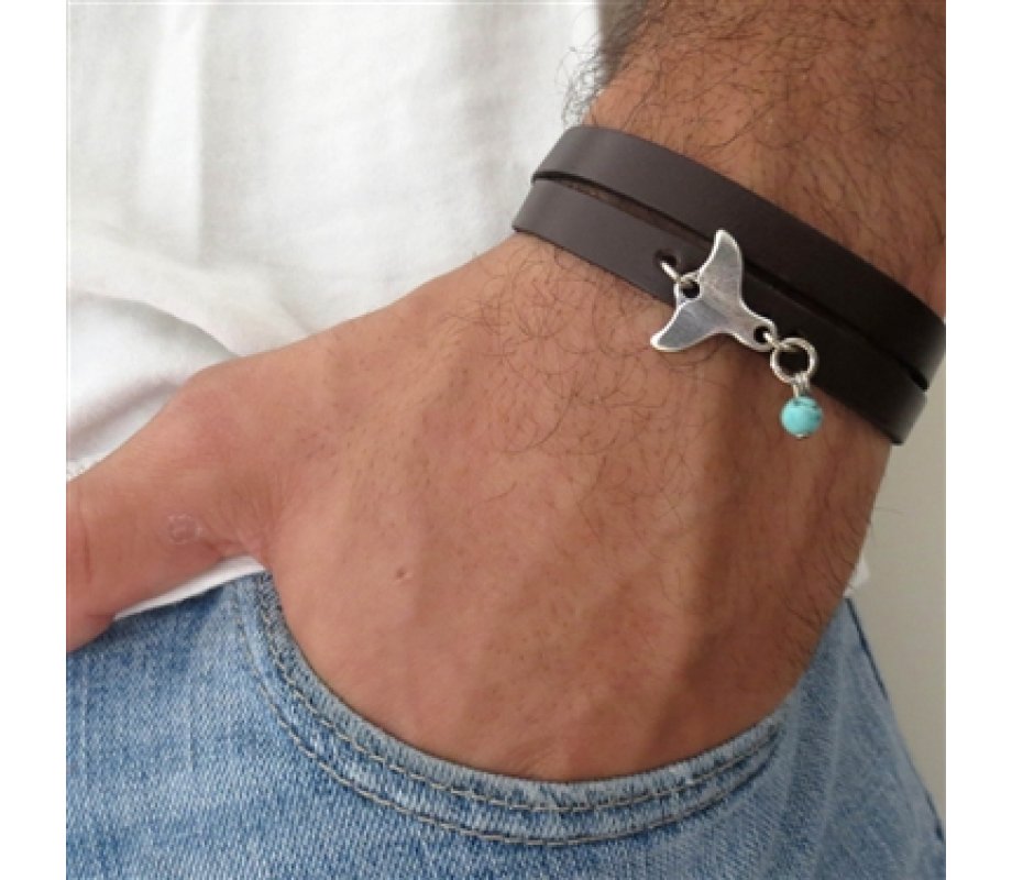 Silver Plated Whale S Tail On Leather Men Wrap Bracelet Ajudaica Silver Plated Whale S Tail On Leather Men Wrap Bracelet