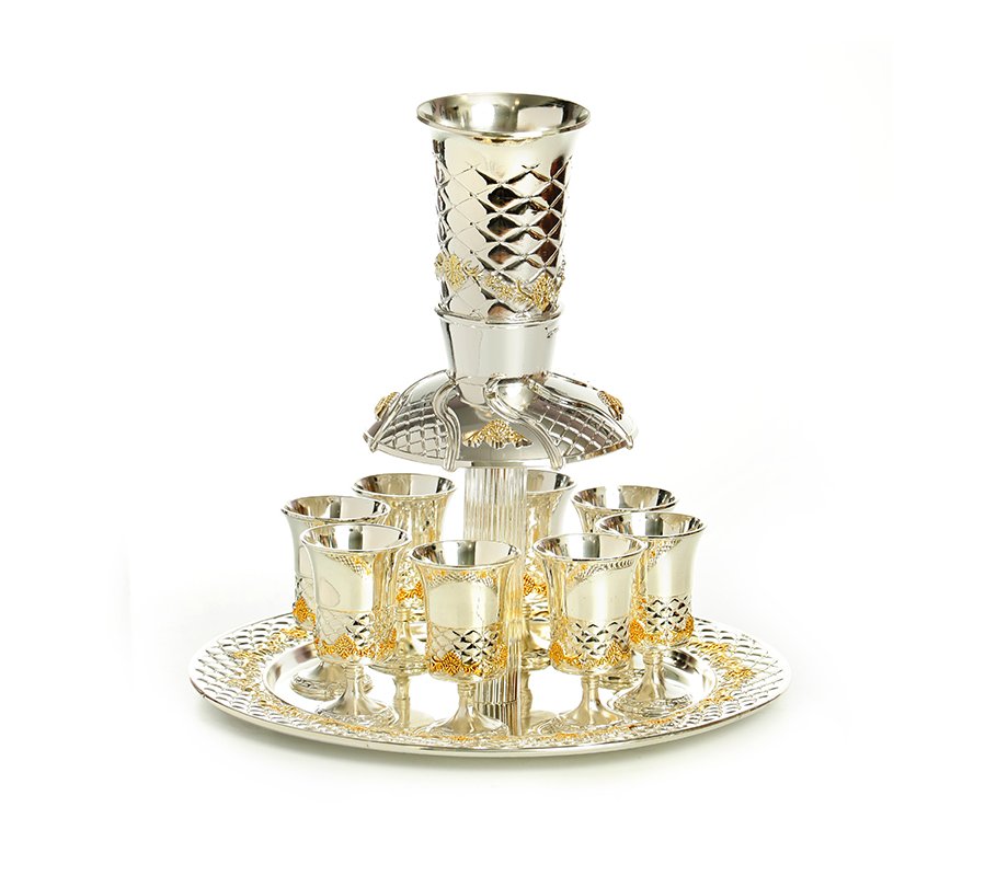 Silver Plated with Decorative Gold Wine Fountain and 8 Small Cups on a Tray