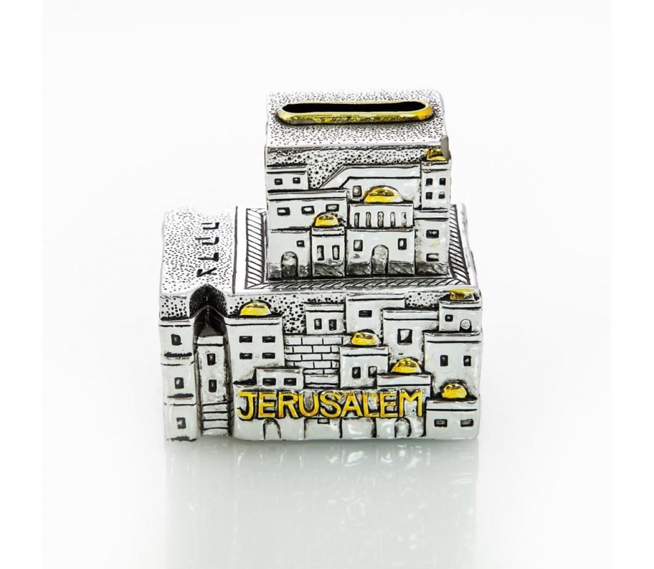 Silver Plated with Gold Accent Tefillin Shape Charity Box - Jerusalem Design