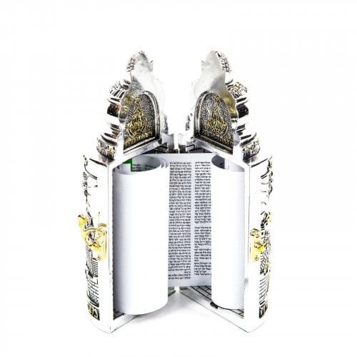 Silver Plated with Gold Accents Cylinder Torah Case with Replica Scroll - Medium